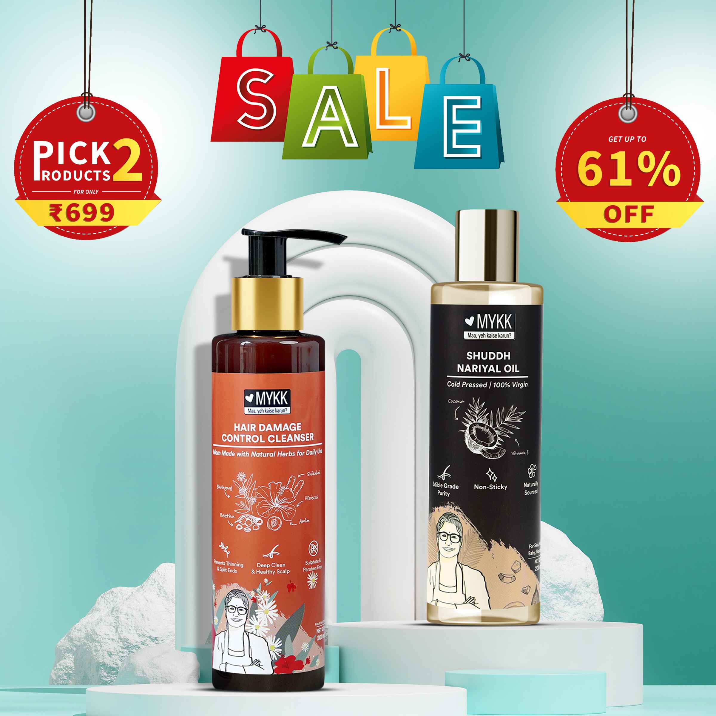 MYKK Shuddh Nariyal Oil 200ml & Hair Damage Control Cleanser Shampoo 200ml Combo | 100% Virgin Cold Pressed Coconut Oil for Skin, Hair & Massage with Damage Repair Shampoo