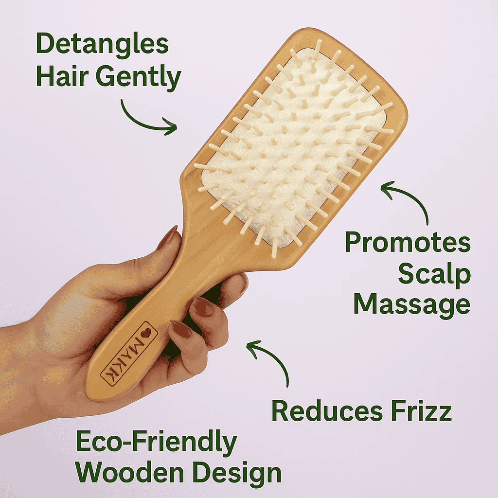 MYKK Wooden Paddle Hair Brush – Natural Detangling Brush with Massage Pins for Smooth & Healthy Hair - Image 3